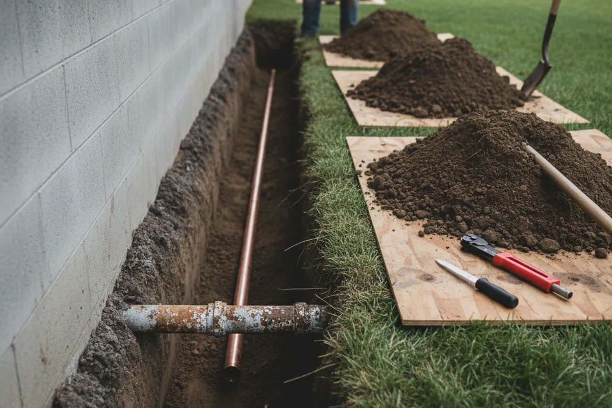 Excavated water line trench during Sewer Line Repair in Sanford